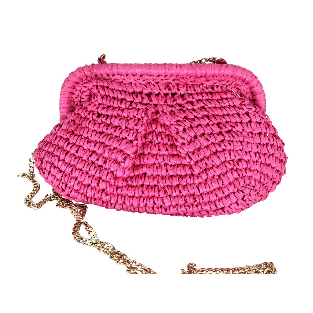 Hot Pink Woven Straw Raffia Clutch Crossbody Bag Gold Chain Strap Barbiecore